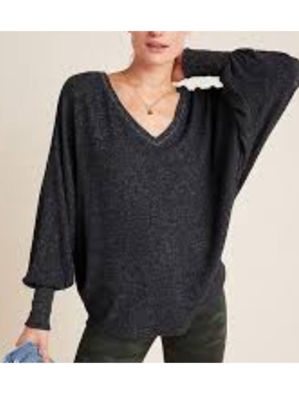 ANTHROPOLOGIE Charcoal Gray V-Neck Dolan Sleeve Sweater - Picture 2 of 12